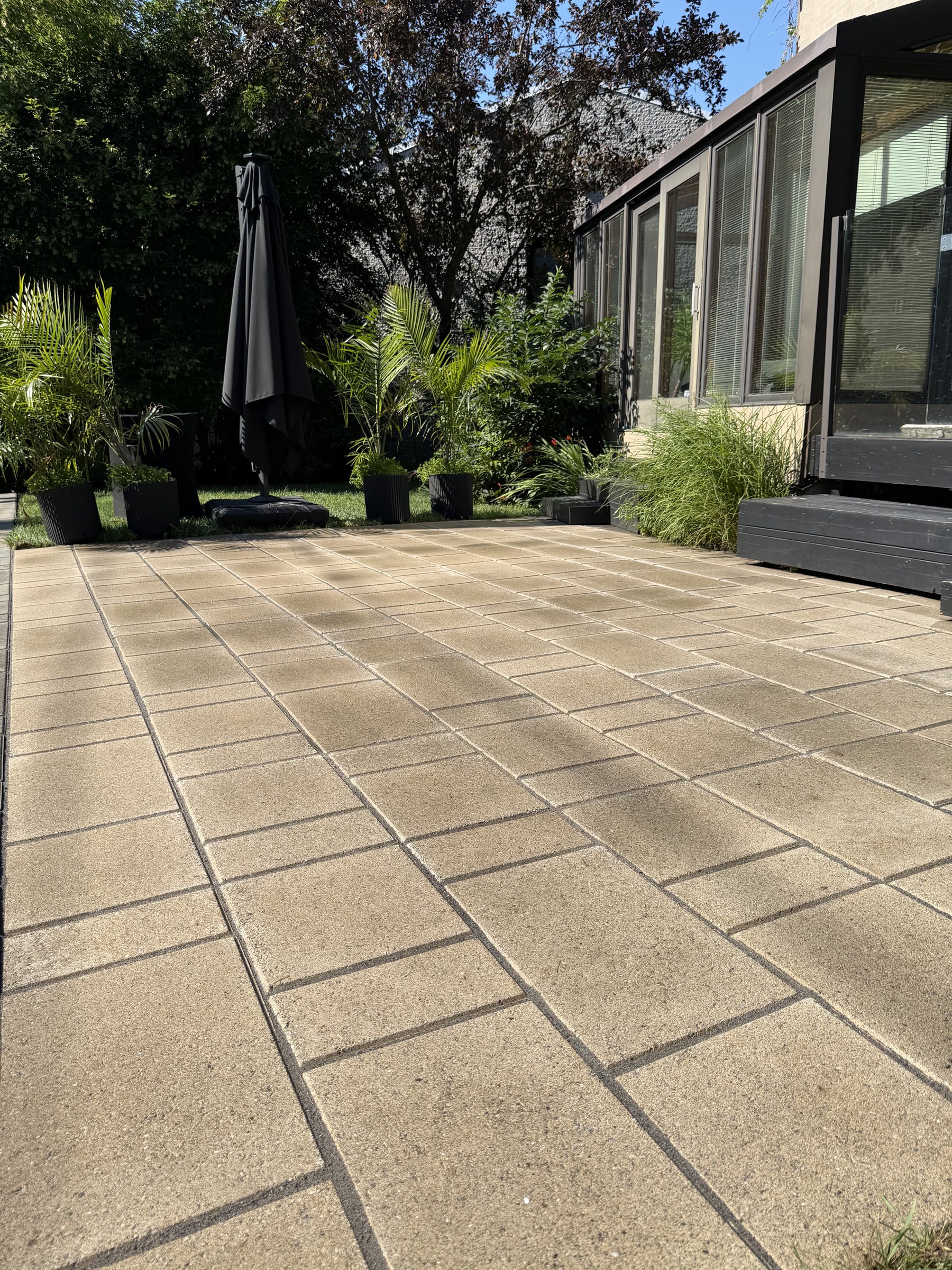Terrasse résidentielle en pavé après un rejointement au sable polymère